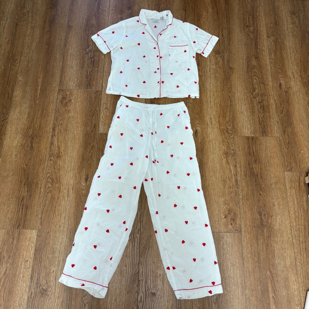 Cupcakes and Cashmere Womens Pajama Set M Red Embroidered Hearts Cotton PJ's
